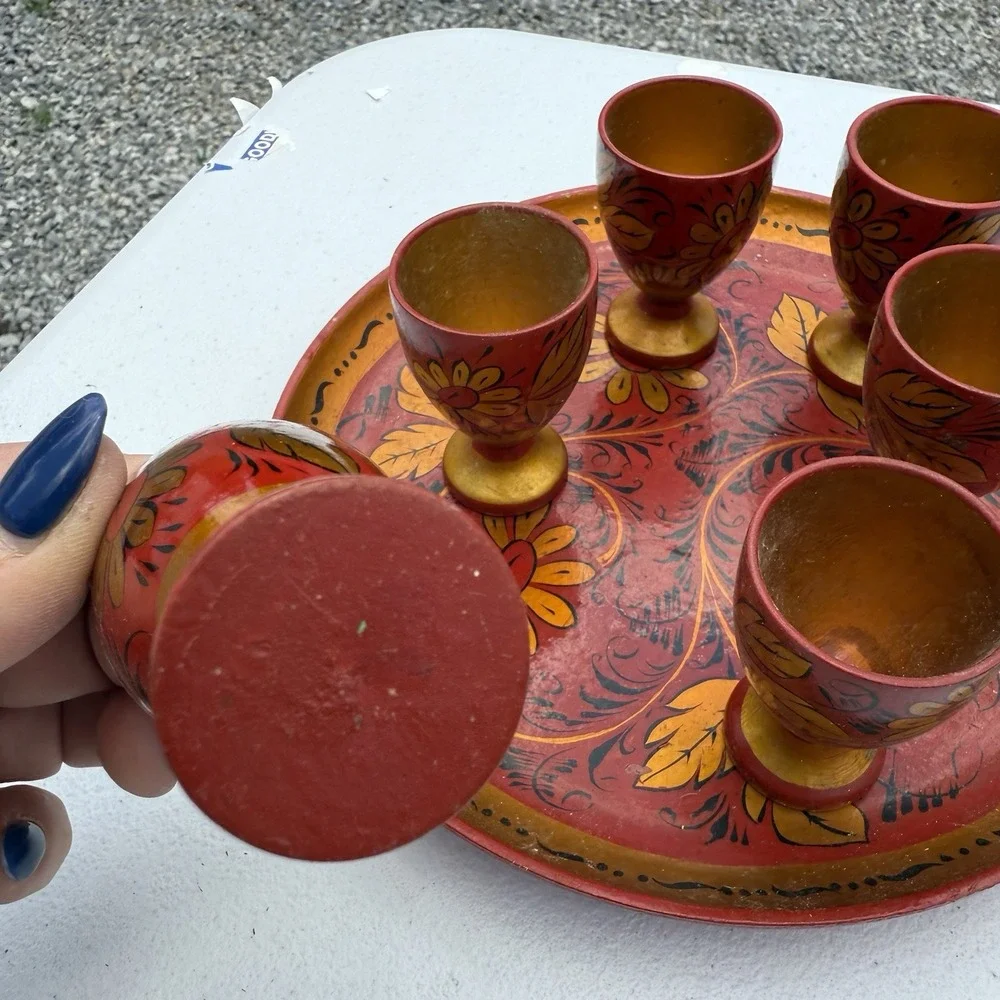 Vintage Wooden Khokhloma Vodka Shot Glasses with‎ Tray